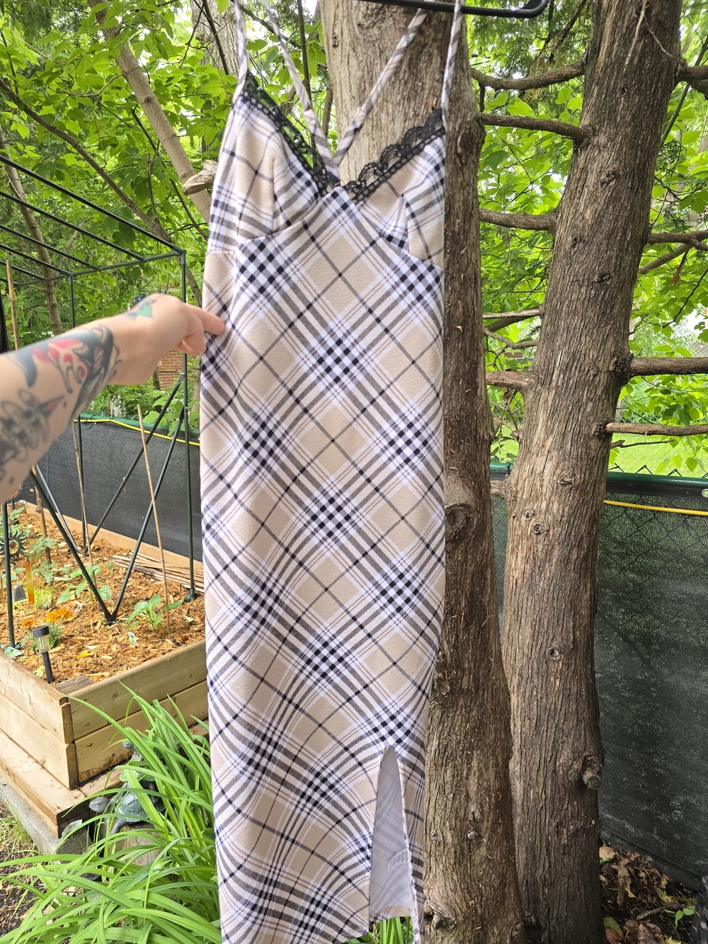 Beige and Black Plaid Bodycon Slip Dress with Lace Trim